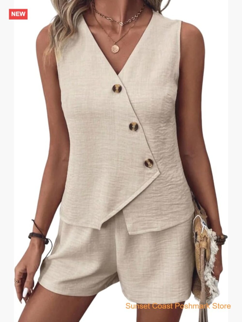 Women's 2 Piece Vest and Shorts Set Sleeveless V Neck Button Down with Pockets